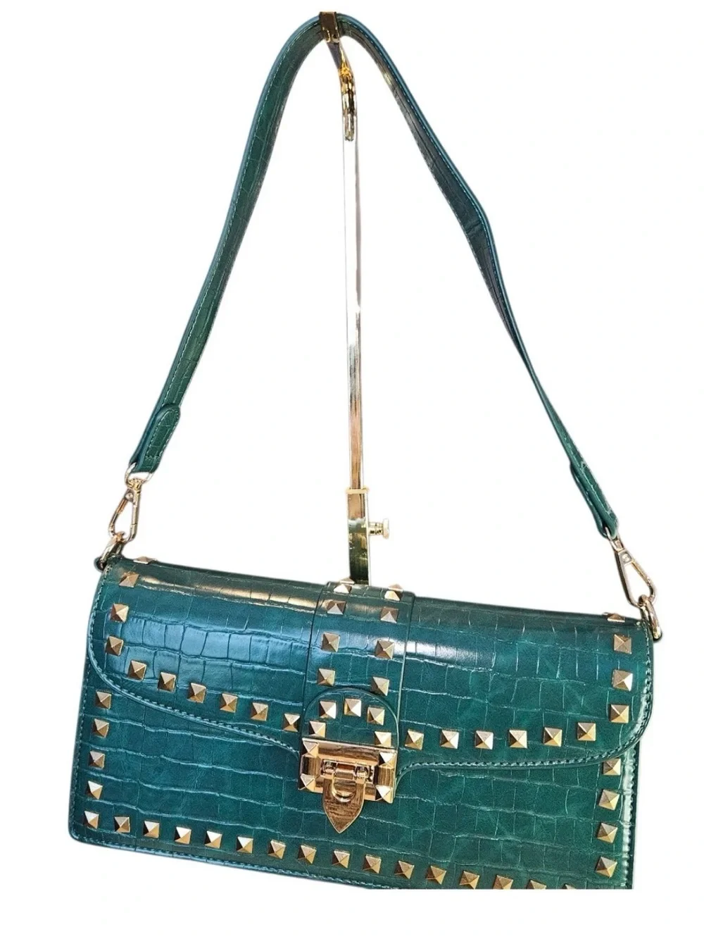 Green Studded Crossbody Clutch with Gold Hardware